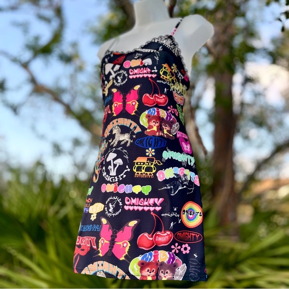 Omighty Logomania Black Mini Dress Size S Stretch Tattoo Sexy Sheer Straps Layer - Picture 7 of 17